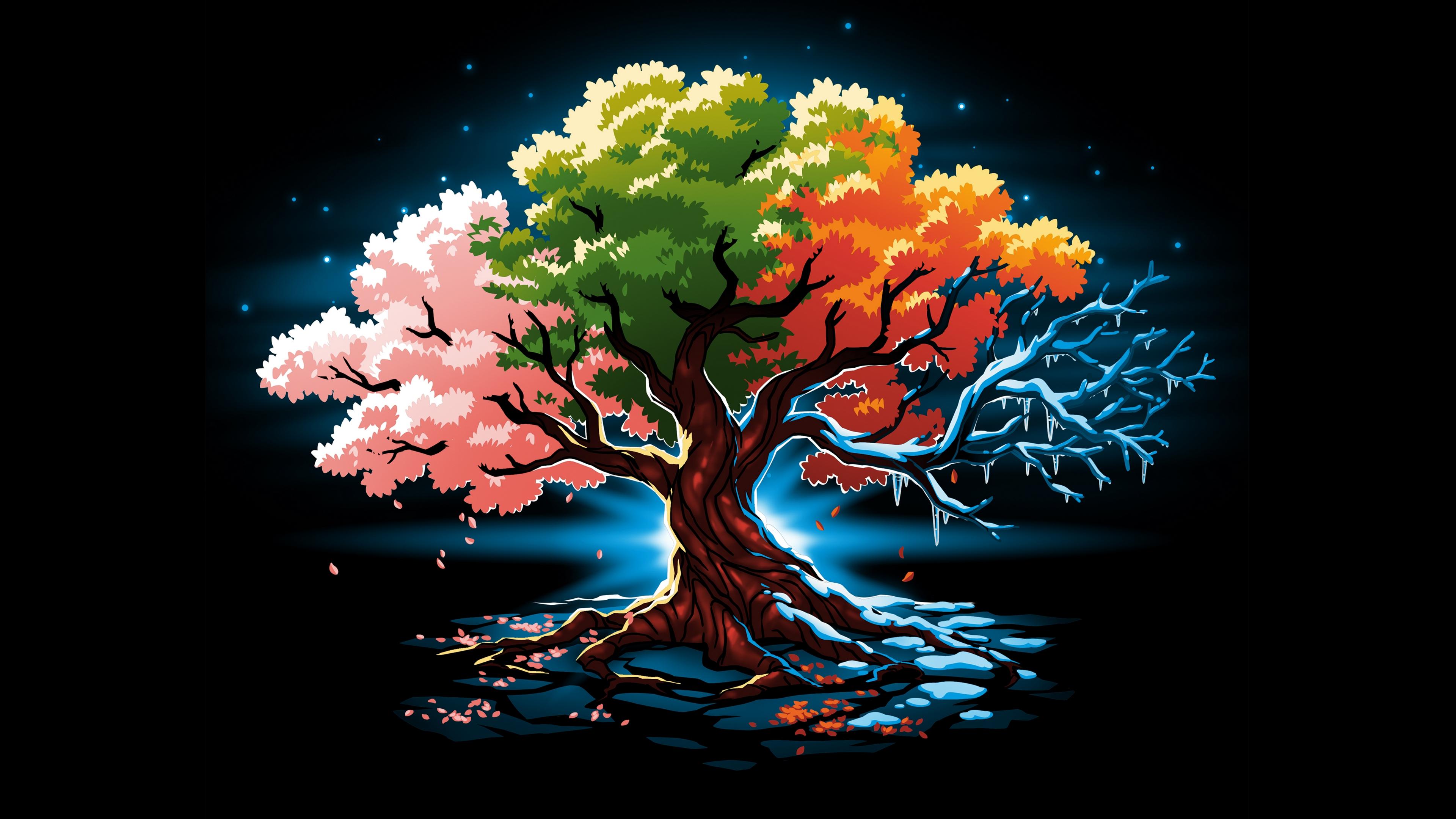 General 3840x2160 artwork minimalism trees dark background Four Seasons colorful petals simple background