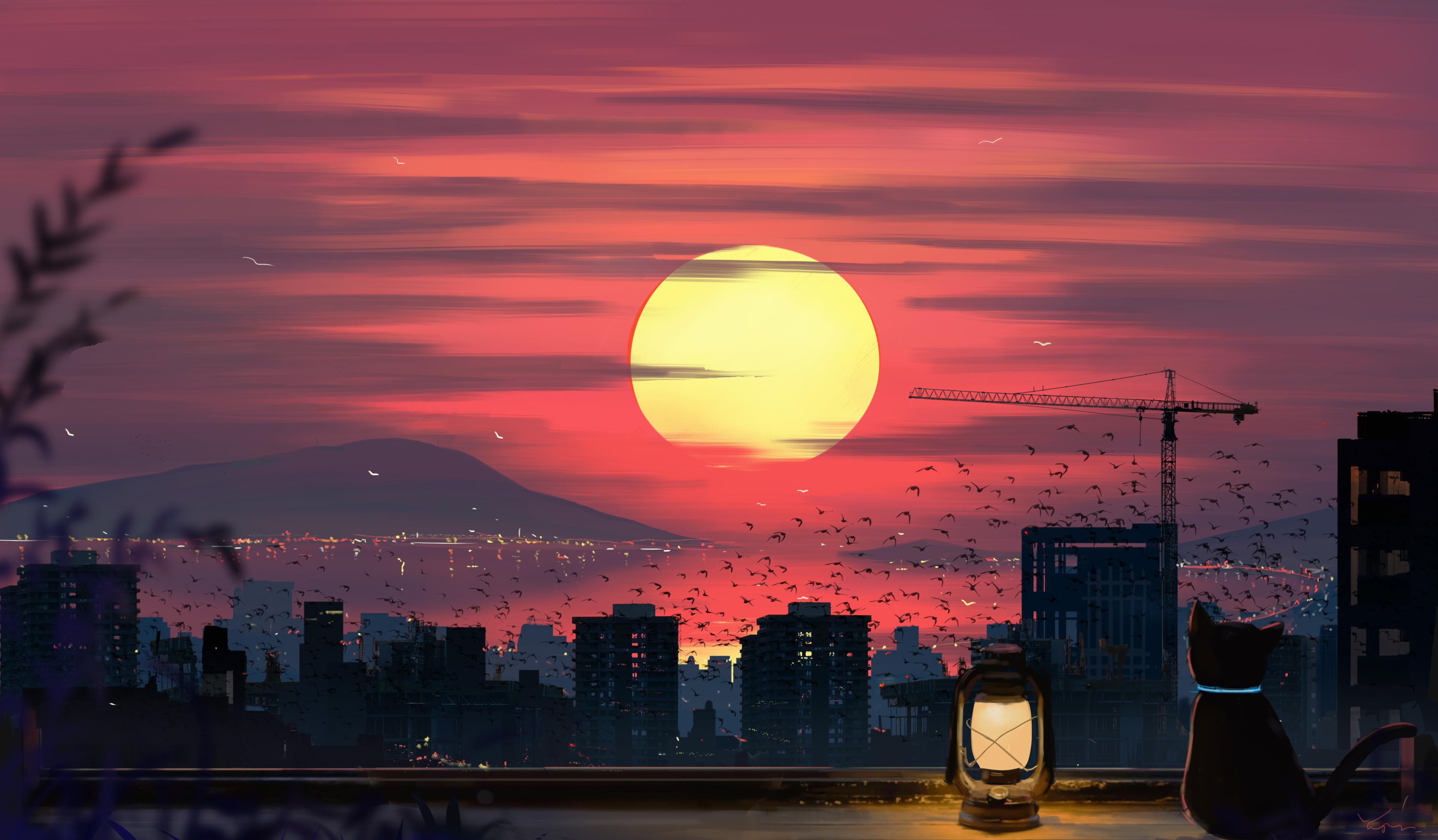 General 3840x2244 Yu jing artwork cats lantern building rooftops cranes (machine) mountains skyline Sun sunset water clouds cityscape city landscape birds